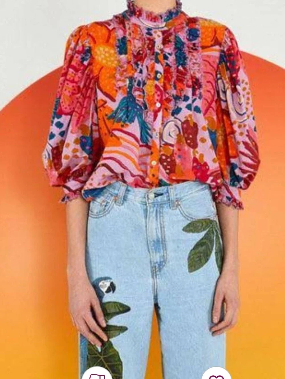 FARM Rio Lilac Colorful Party Blouse Ruffle Puff Sleeve Pink Tropical Bird M